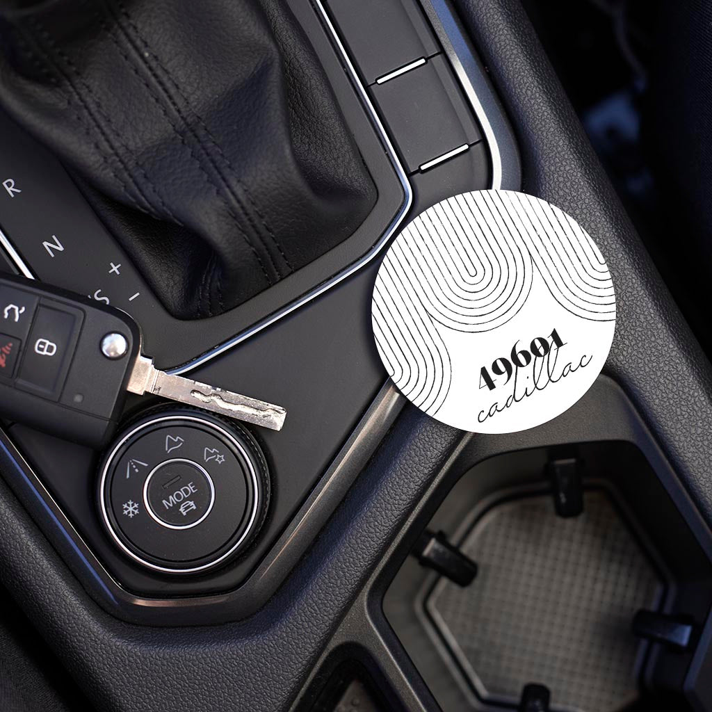 Car Coaster-Black and White City Zip on White Cadillac Michigan 49601 -3