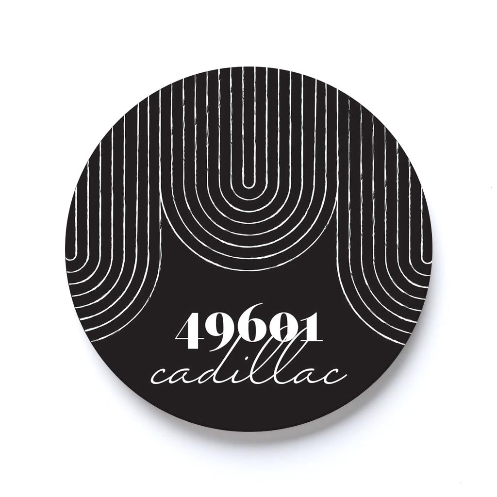 Car Coaster-Black and White City Zip on Black Cadillac Michigan 49601 -0