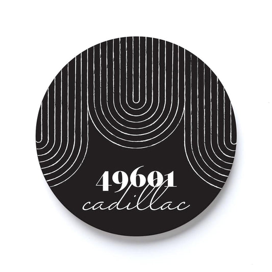 Car Coaster-Black and White City Zip on Black Cadillac Michigan 49601 -0