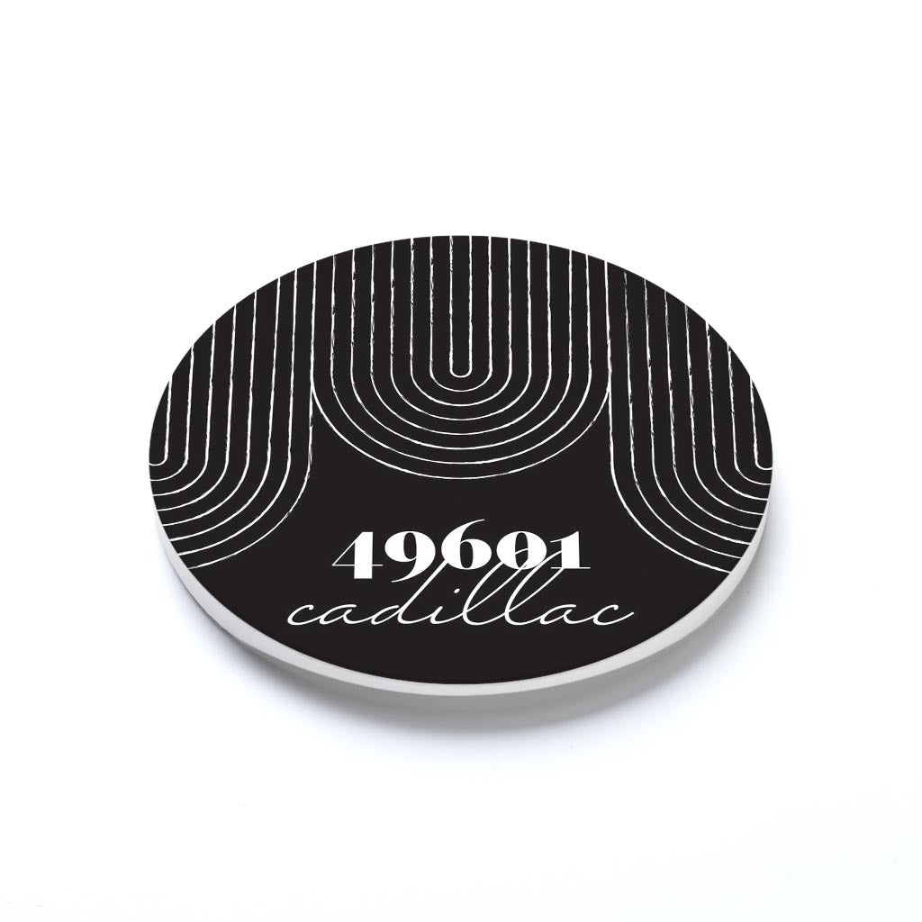 Car Coaster-Black and White City Zip on Black Cadillac Michigan 49601 -1