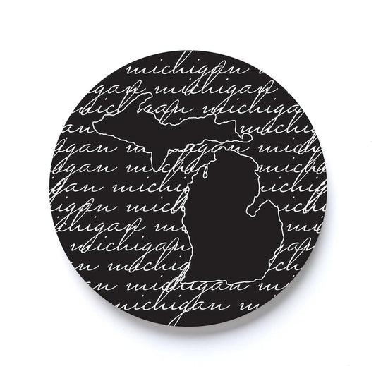 Car Coaster-Black and White State Script Michigan -0