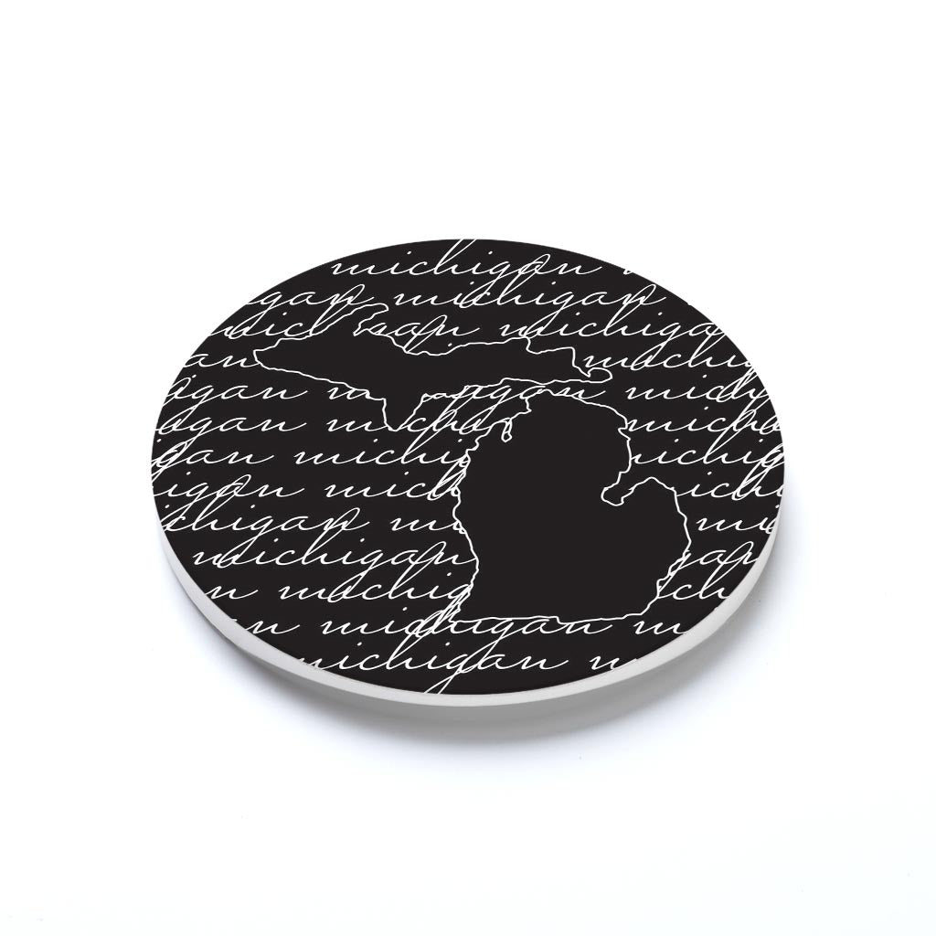 Car Coaster-Black and White State Script Michigan -1