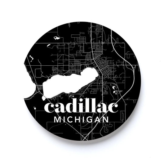 Car Coaster-Black and White Black Map Cadillac Michigan -0