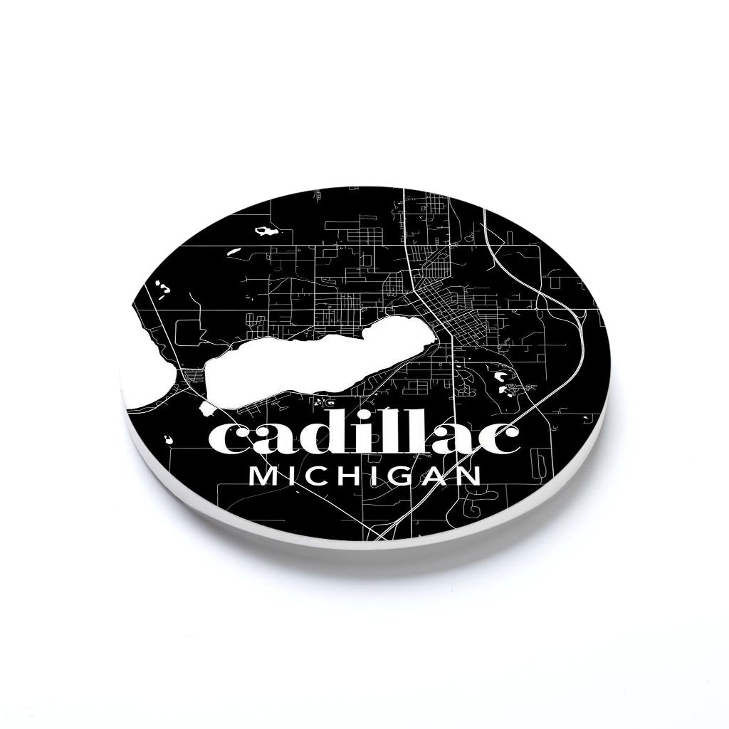 Car Coaster-Black and White Black Map Cadillac Michigan -1