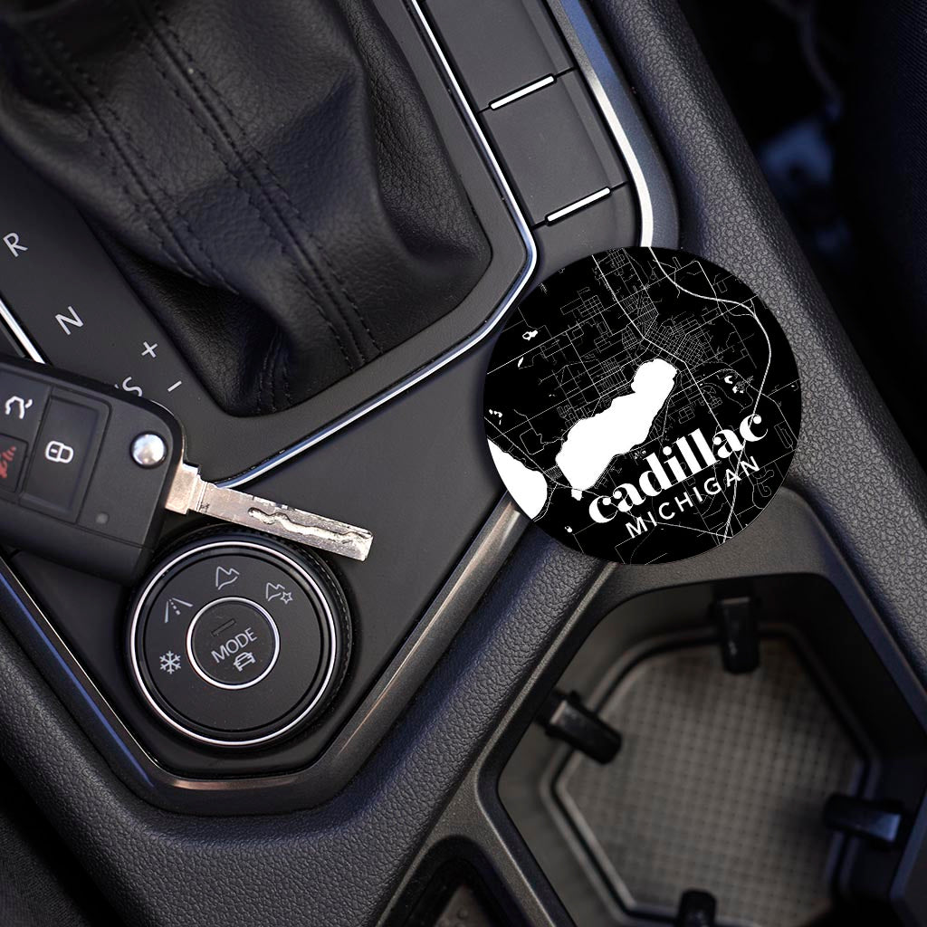 Car Coaster-Black and White Black Map Cadillac Michigan -3