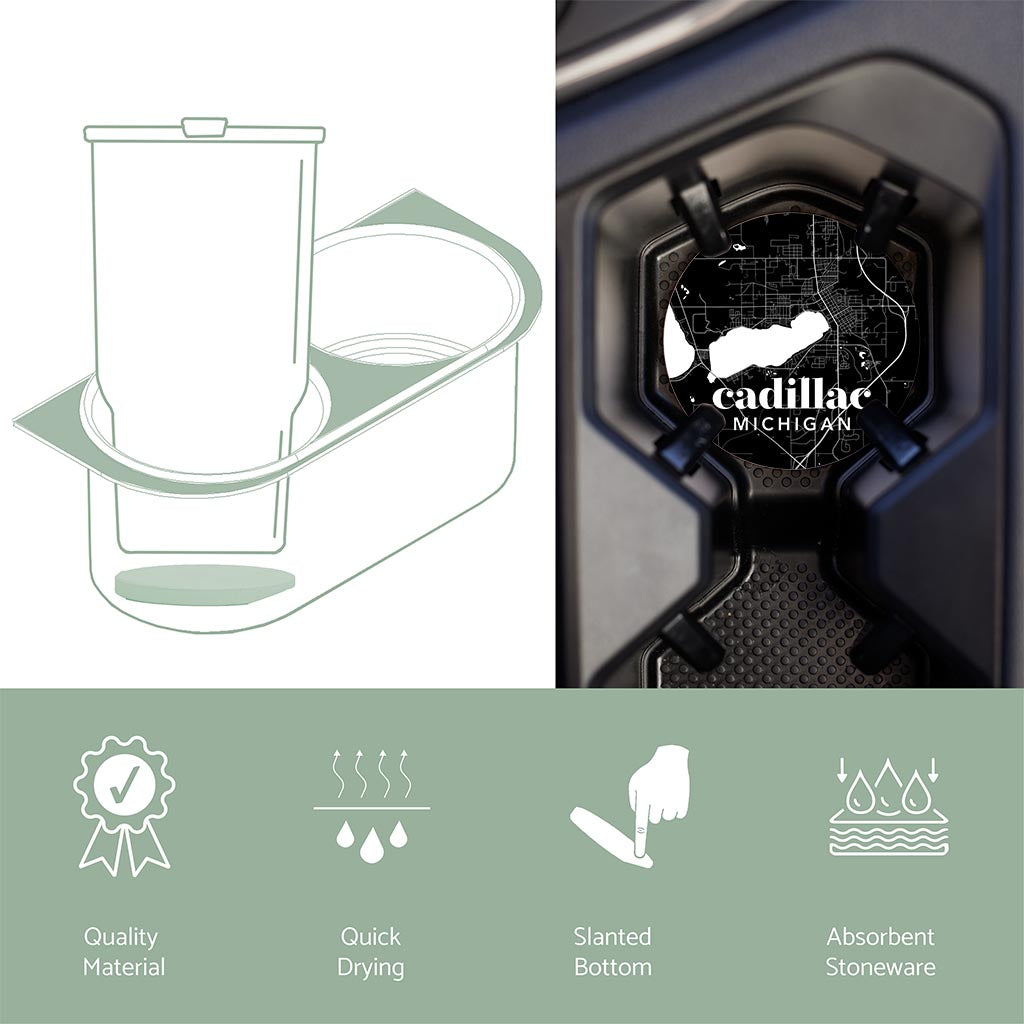 Car Coaster-Black and White Black Map Cadillac Michigan -4