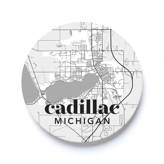 Car Coaster-Black and White White Map Cadillac Michigan -0