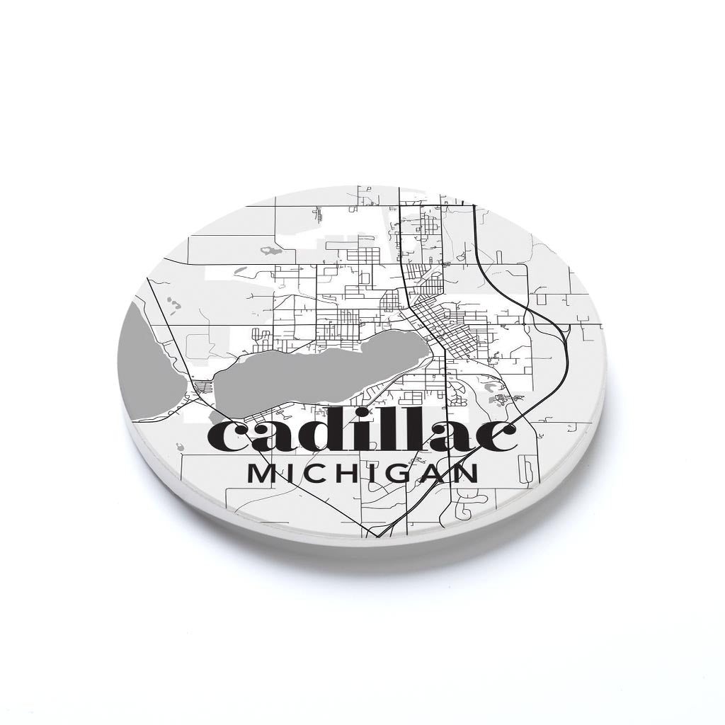 Car Coaster-Black and White White Map Cadillac Michigan -1