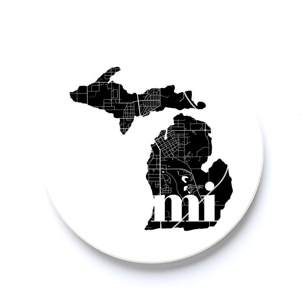 Car Coaster-Black and White Abbreviated State Map White Cadillac Michigan -0