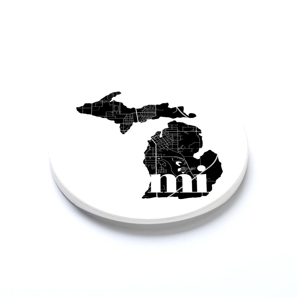 Car Coaster-Black and White Abbreviated State Map White Cadillac Michigan -1