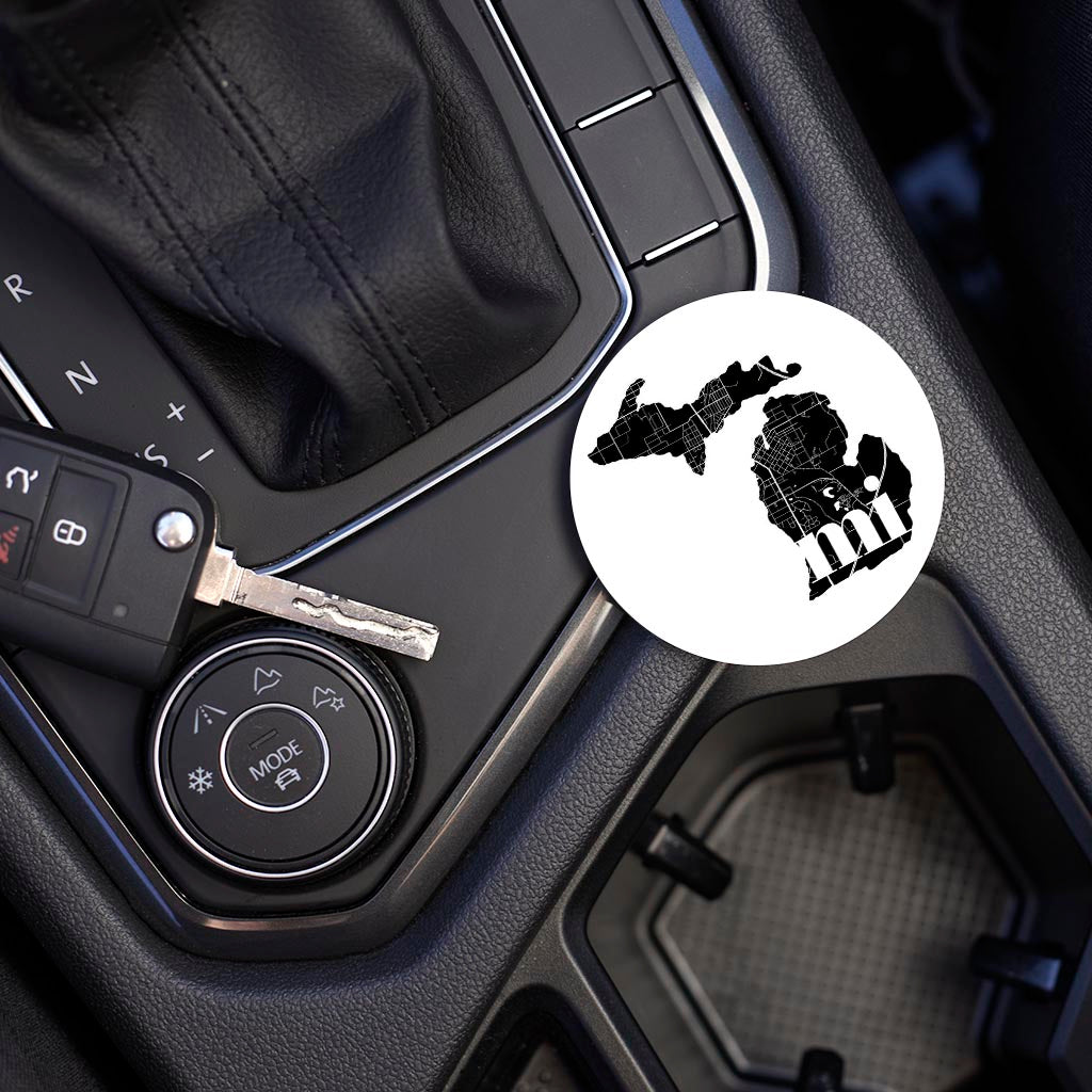 Car Coaster-Black and White Abbreviated State Map White Cadillac Michigan -3