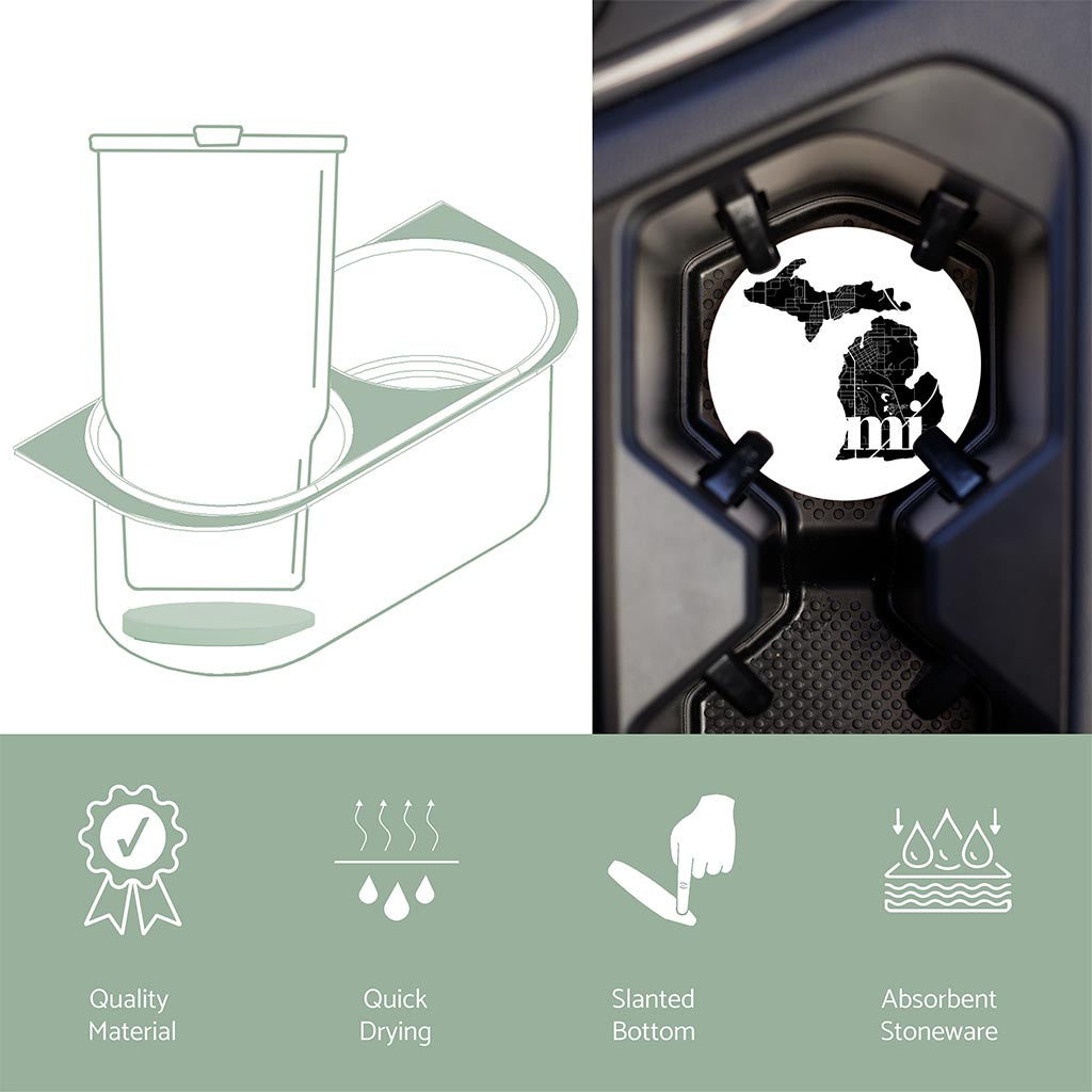 Car Coaster-Black and White Abbreviated State Map White Cadillac Michigan -4