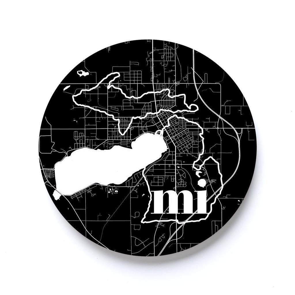 Car Coaster-Black and White Abbreviated State Map Black Cadillac Michigan -0