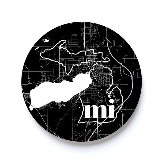 Car Coaster-Black and White Abbreviated State Map Black Cadillac Michigan -0