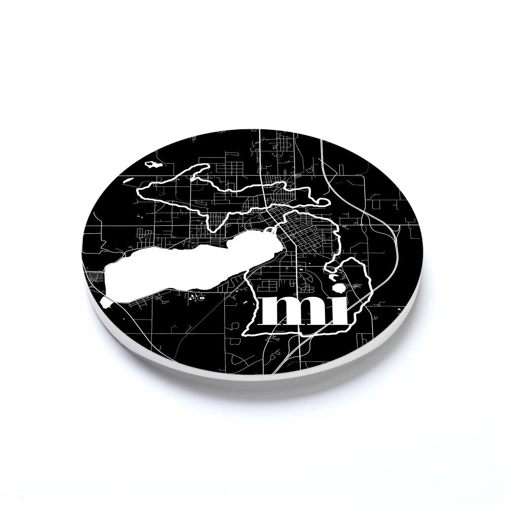 Car Coaster-Black and White Abbreviated State Map Black Cadillac Michigan -1