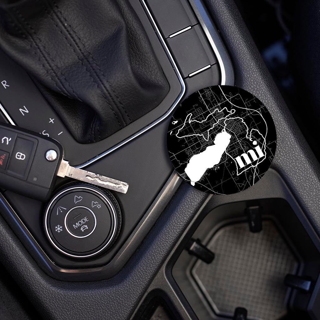 Car Coaster-Black and White Abbreviated State Map Black Cadillac Michigan -3