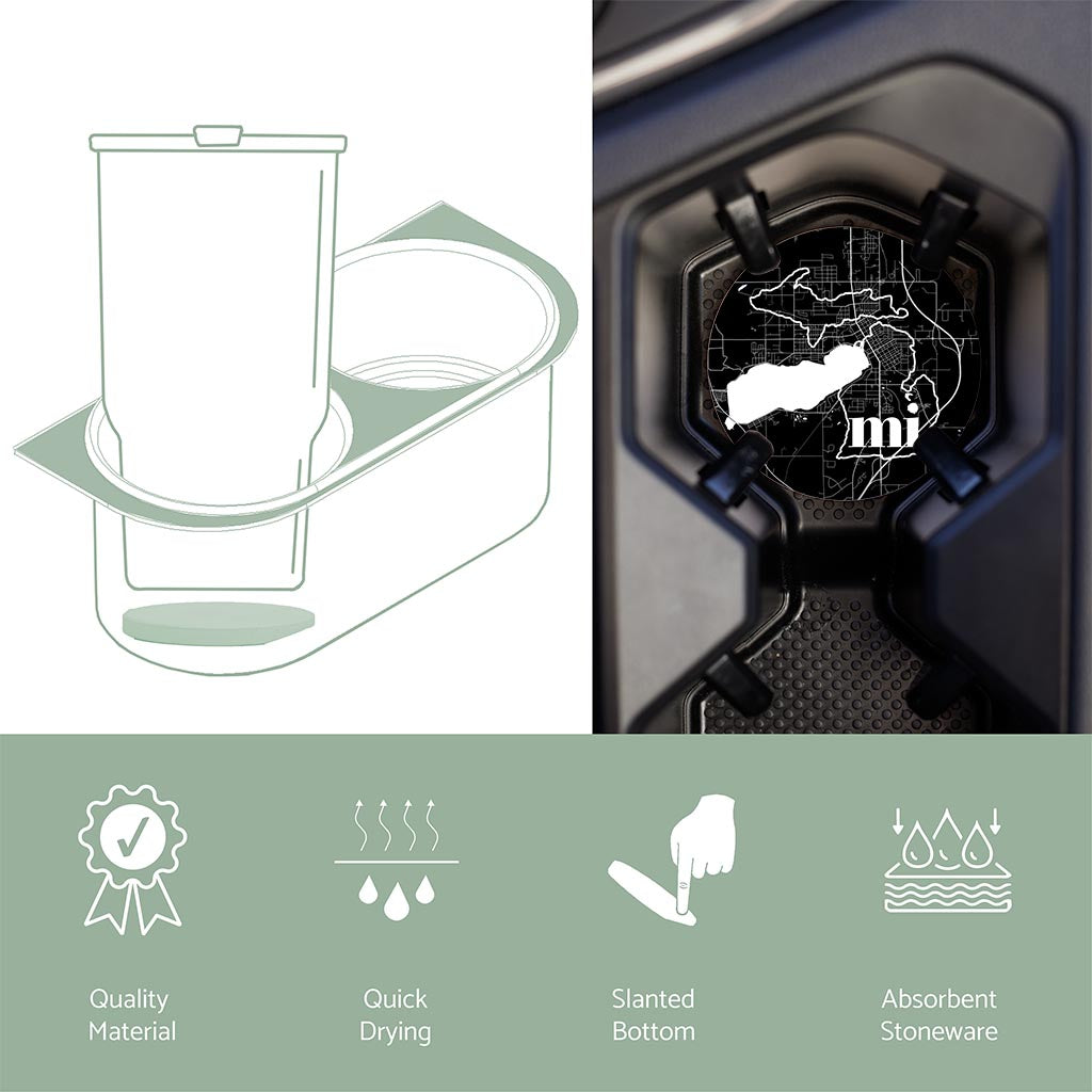 Car Coaster-Black and White Abbreviated State Map Black Cadillac Michigan -4