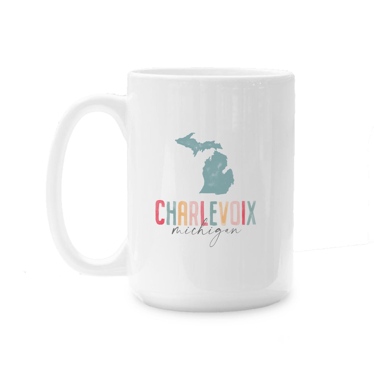 15oz Coffee Mug White-Watercolor City Charlevoix Michigan -0