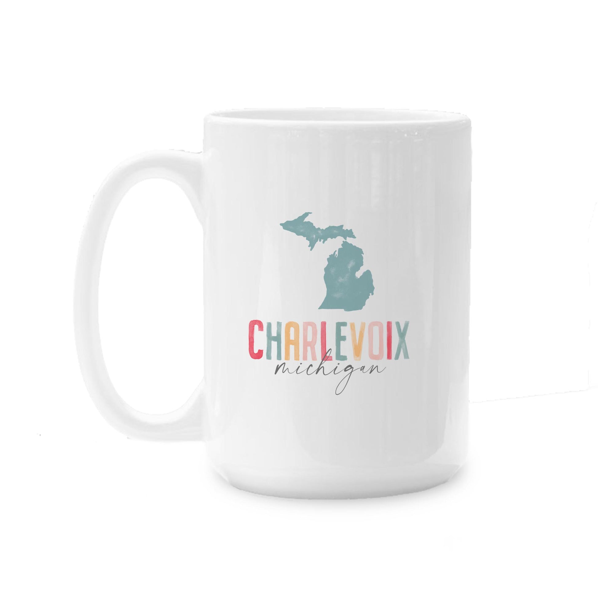 15oz Coffee Mug White-Watercolor City Charlevoix Michigan -0