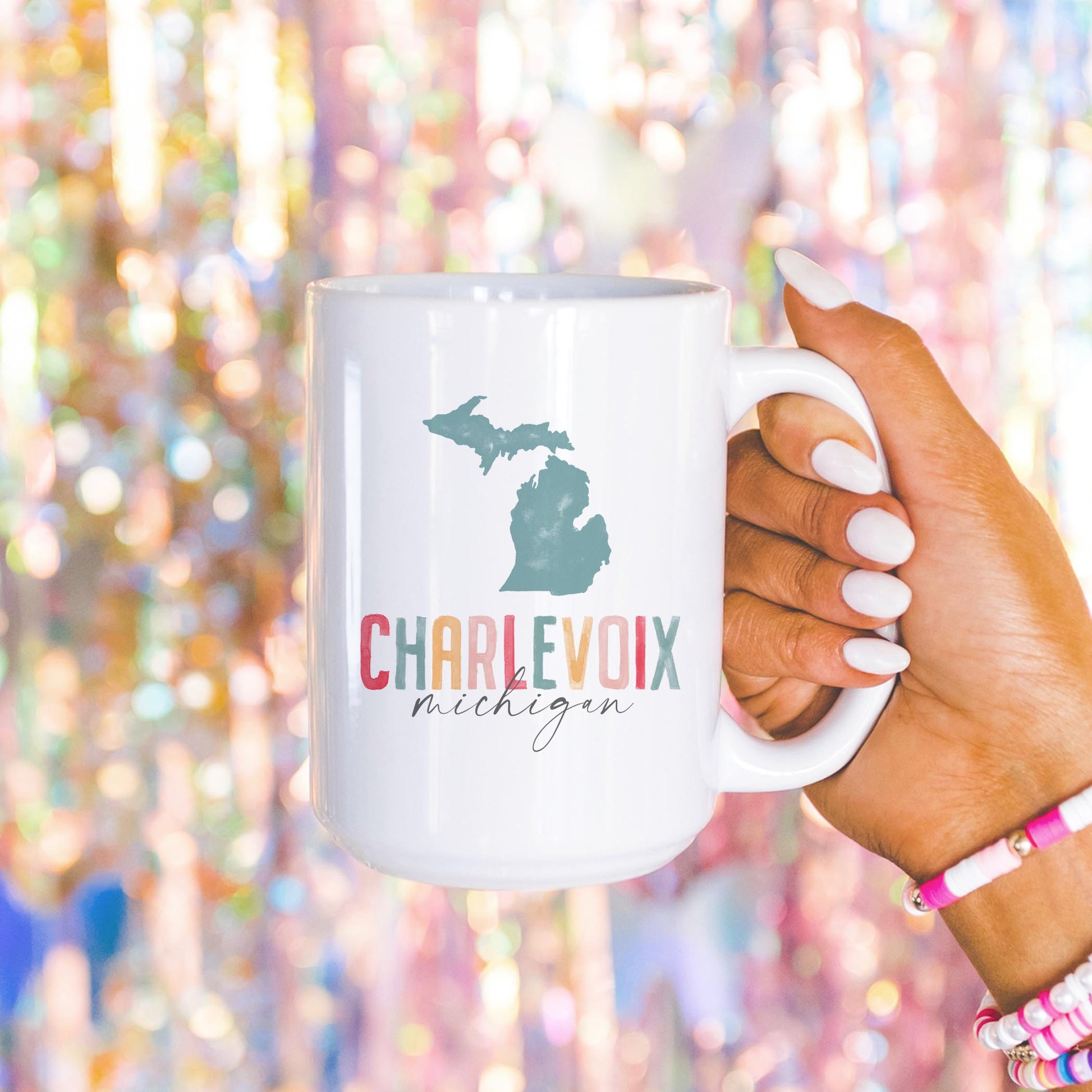 15oz Coffee Mug White-Watercolor City Charlevoix Michigan -4