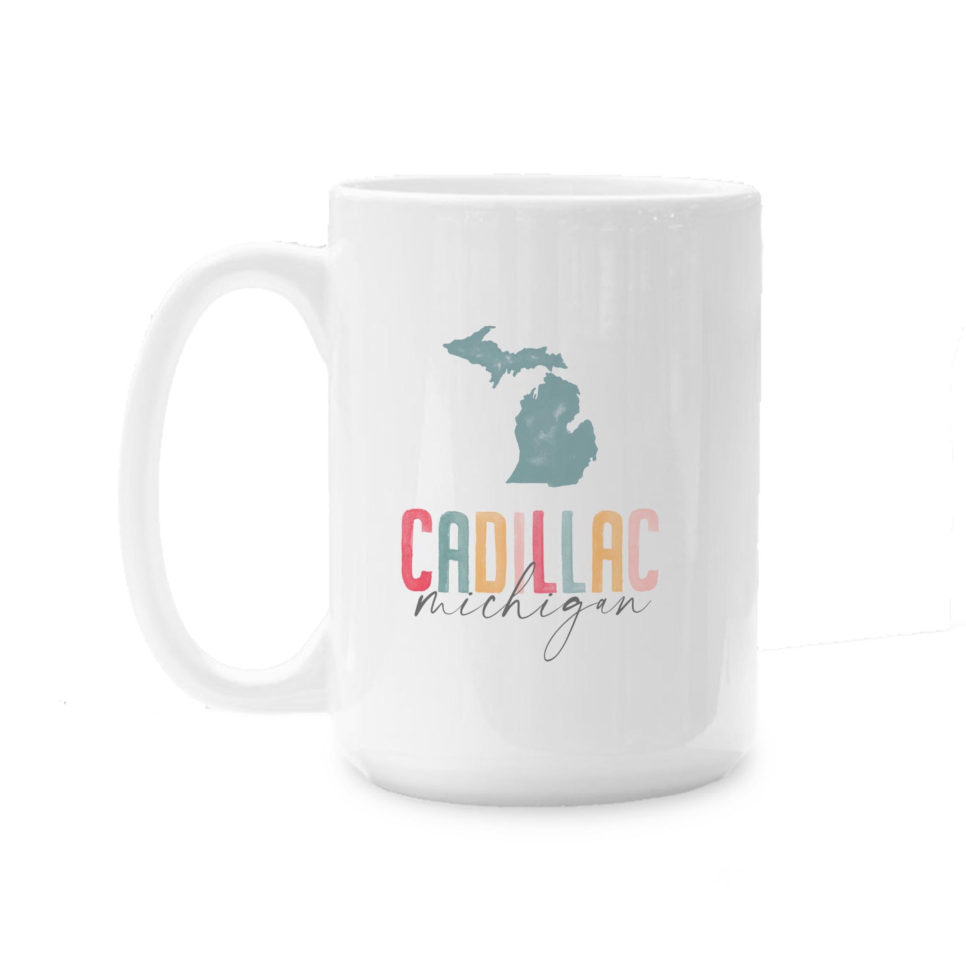 15oz Coffee Mug White-Watercolor City Cadillac Michigan -0