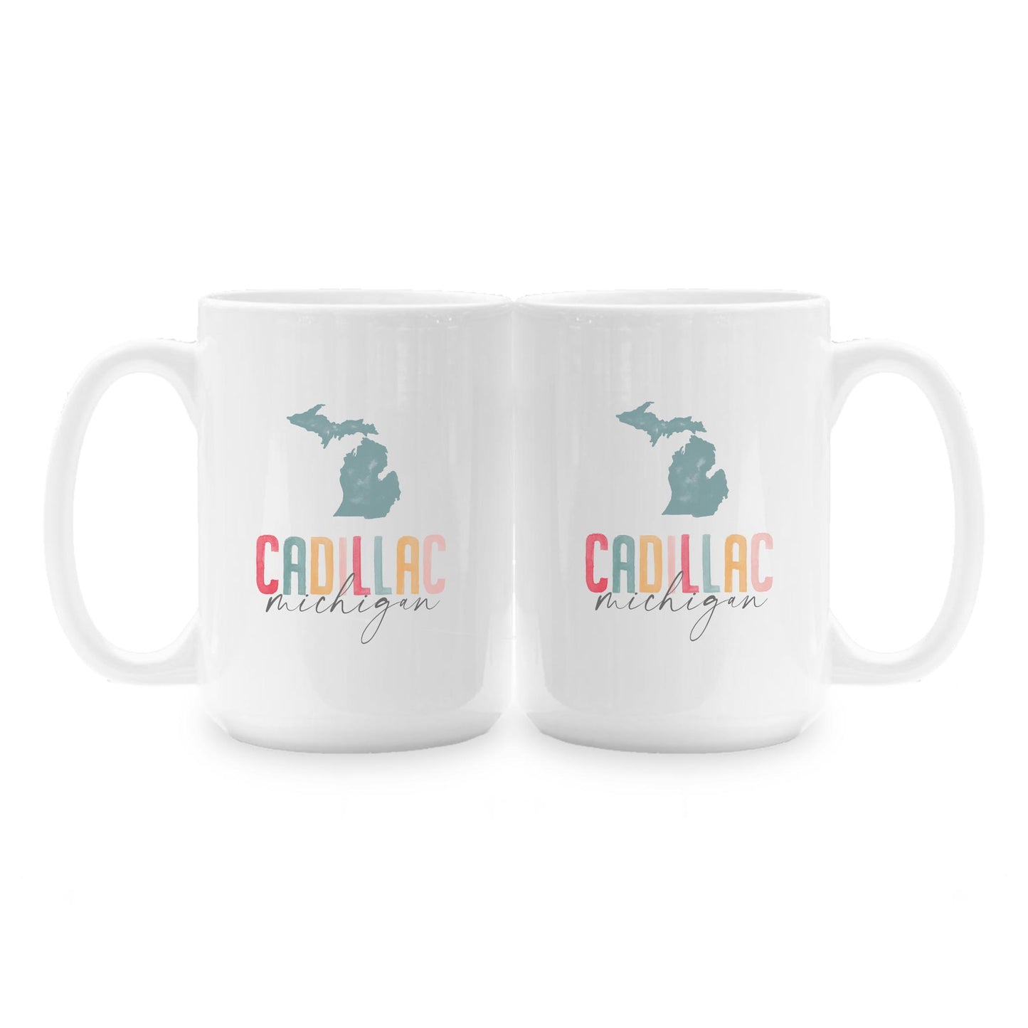 15oz Coffee Mug White-Watercolor City Cadillac Michigan -1