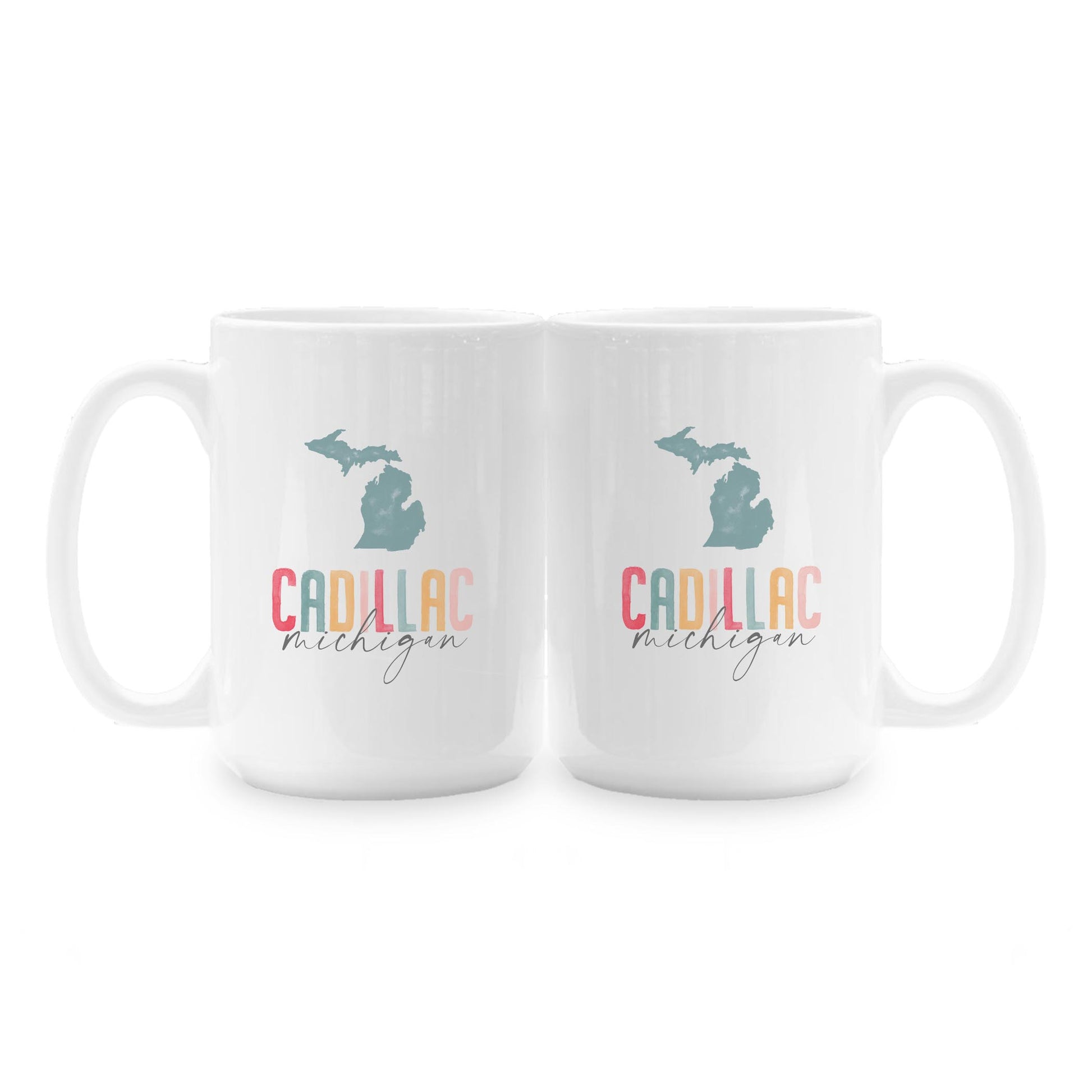 15oz Coffee Mug White-Watercolor City Cadillac Michigan -1