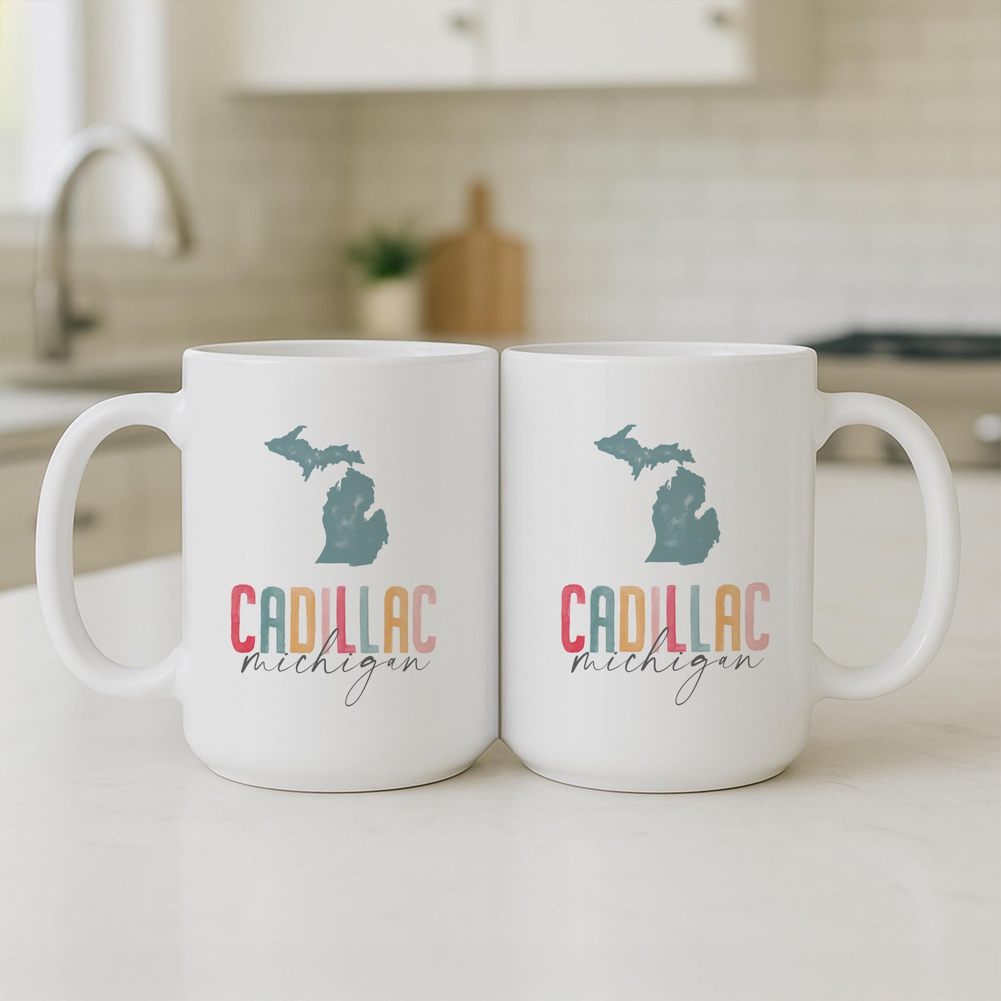 15oz Coffee Mug White-Watercolor City Cadillac Michigan -3