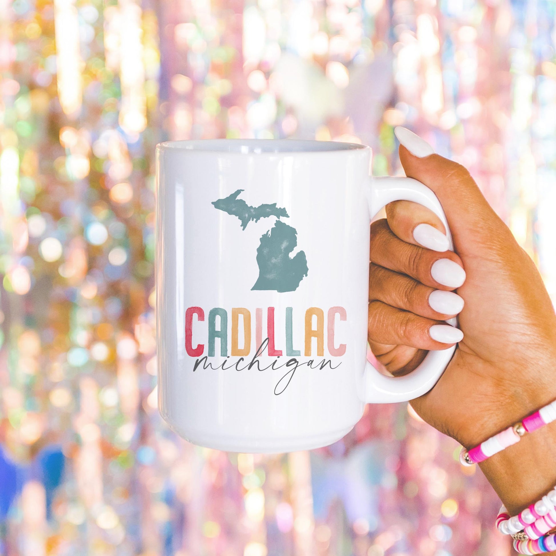 15oz Coffee Mug White-Watercolor City Cadillac Michigan -4