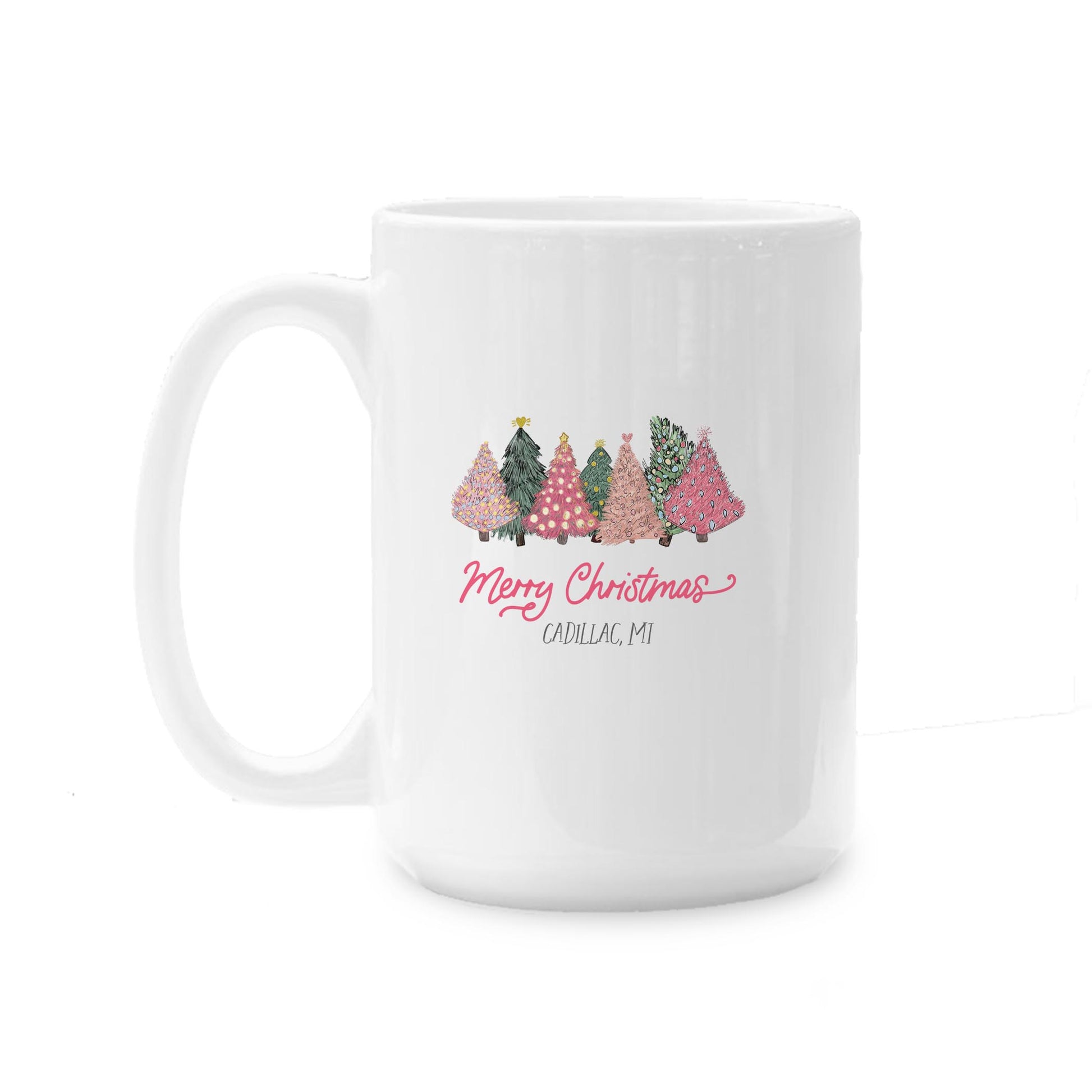 15oz Coffee Mug White-Pink Trees Cadillac Michigan -0