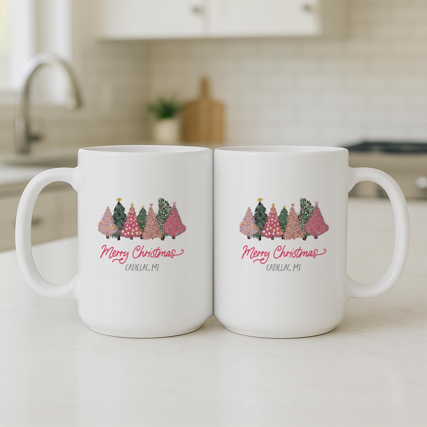 15oz Coffee Mug White-Pink Trees Cadillac Michigan -3