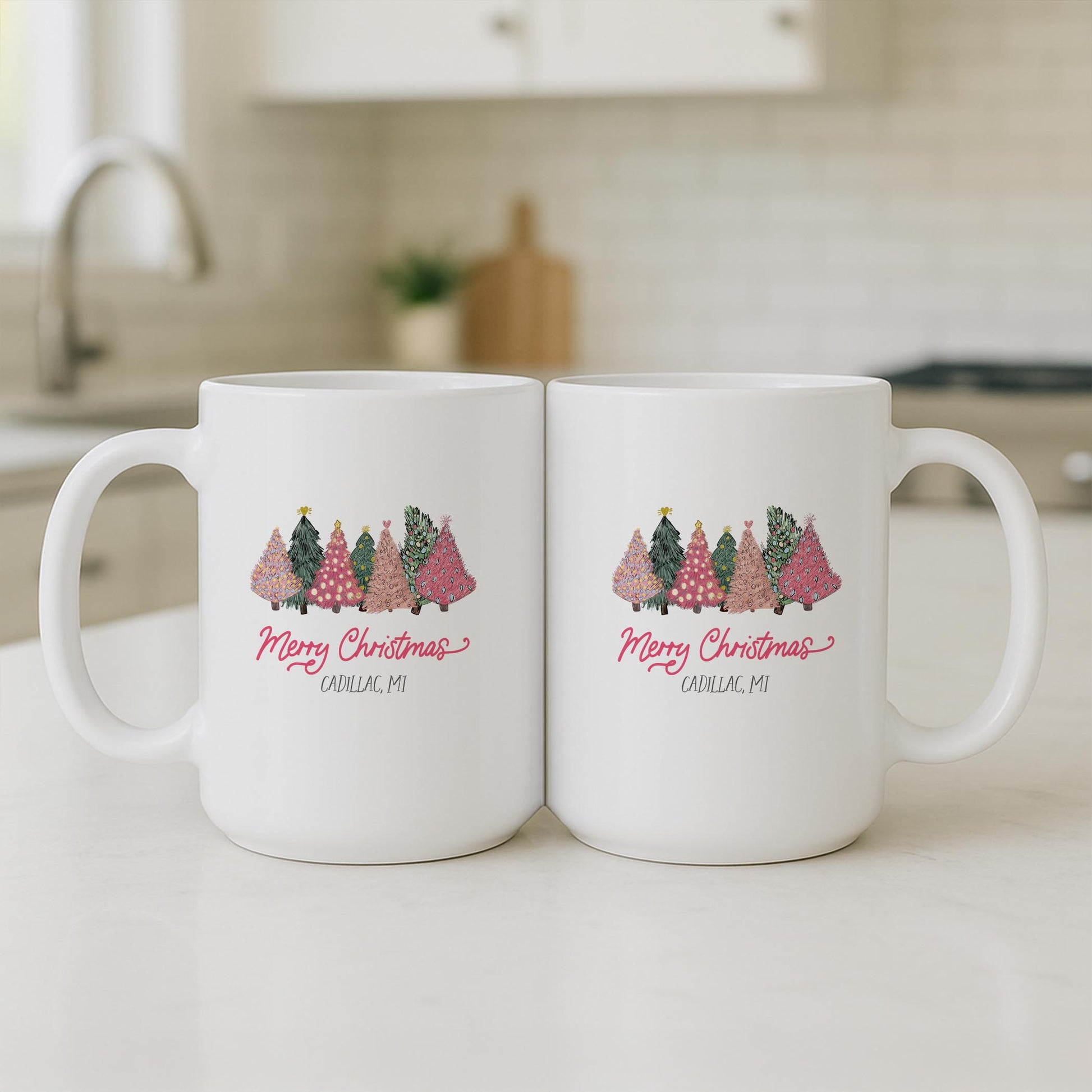 15oz Coffee Mug White-Pink Trees Cadillac Michigan -3