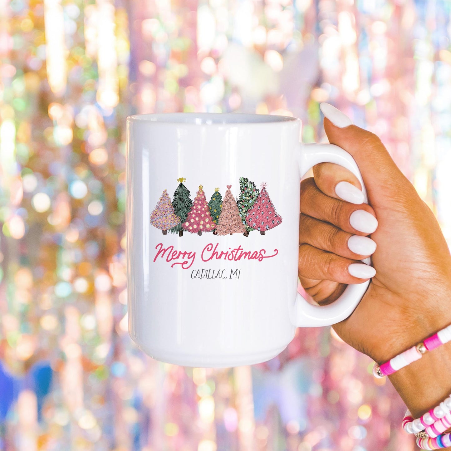 15oz Coffee Mug White-Pink Trees Cadillac Michigan -4