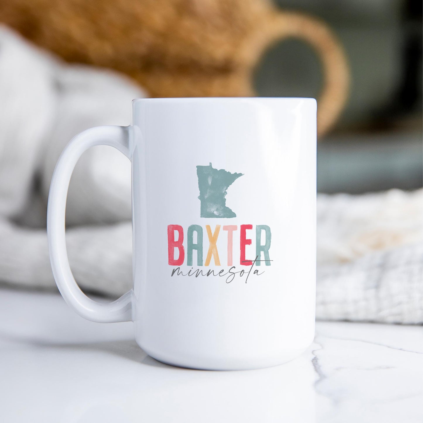 15oz Coffee Mug White-Watercolor City Baxter Minnesota -2