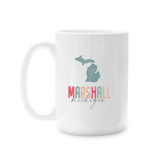 15oz Coffee Mug White-Watercolor City Marshall Michigan -0