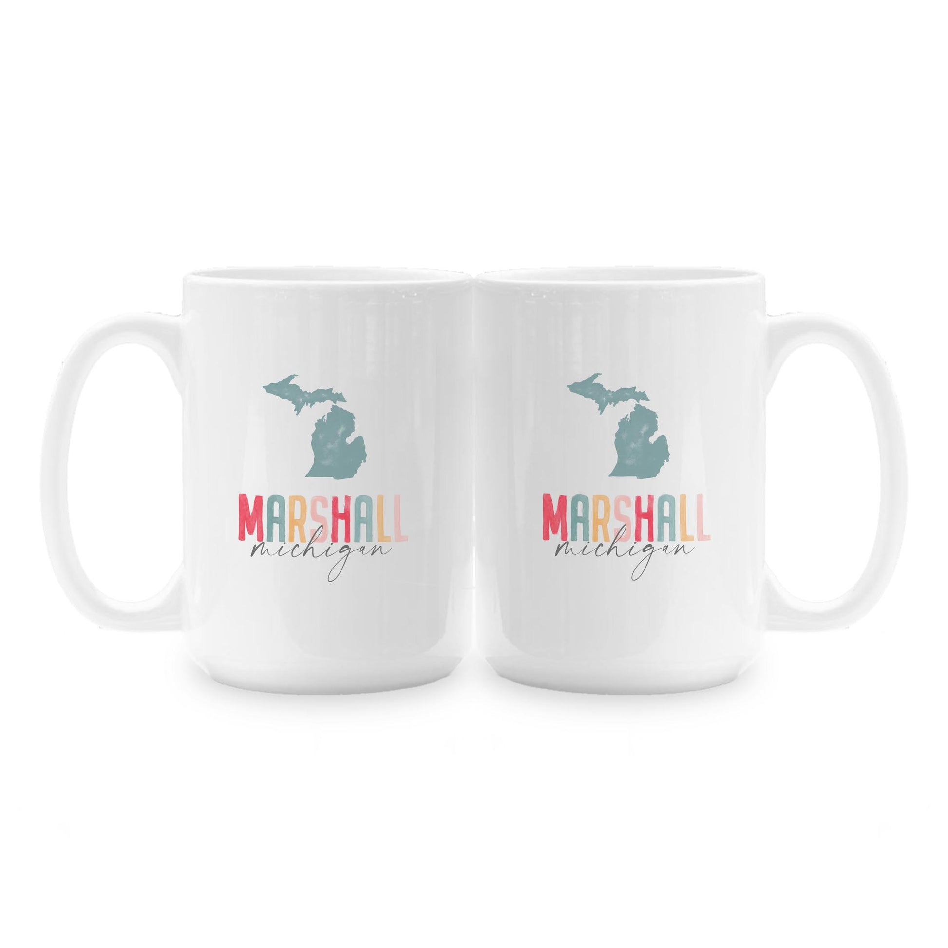 15oz Coffee Mug White-Watercolor City Marshall Michigan -1