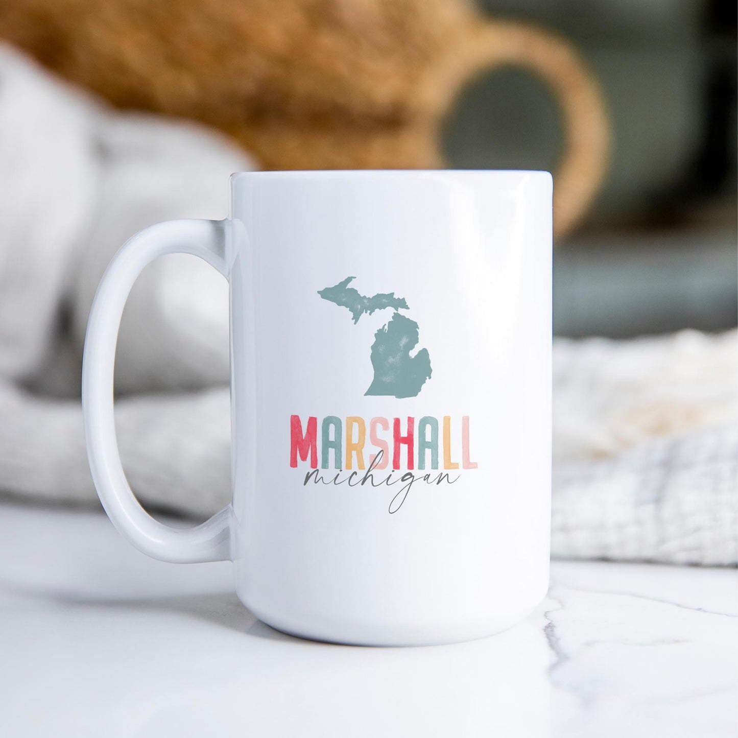 15oz Coffee Mug White-Watercolor City Marshall Michigan -2