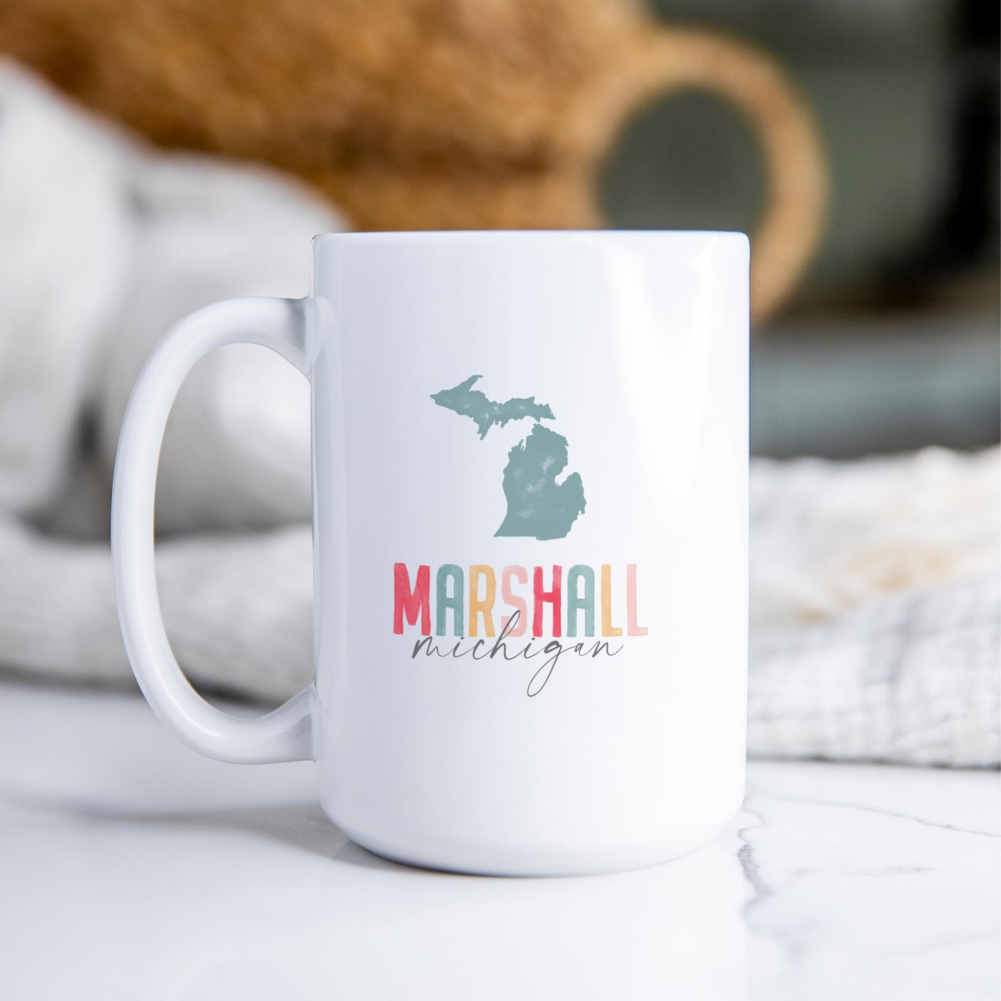 15oz Coffee Mug White-Watercolor City Marshall Michigan -2
