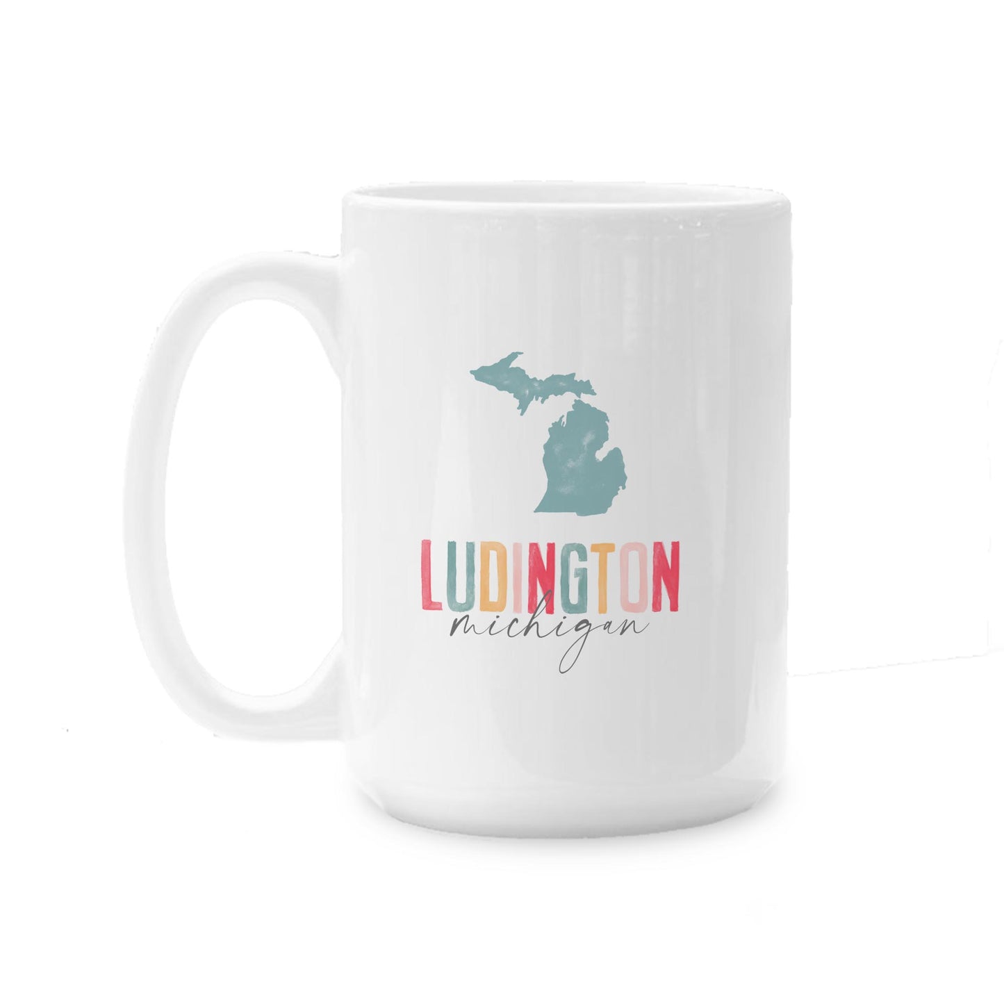15oz Coffee Mug White-Watercolor City Ludington Michigan -0