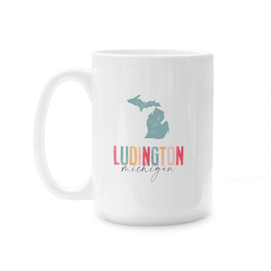 15oz Coffee Mug White-Watercolor City Ludington Michigan -0