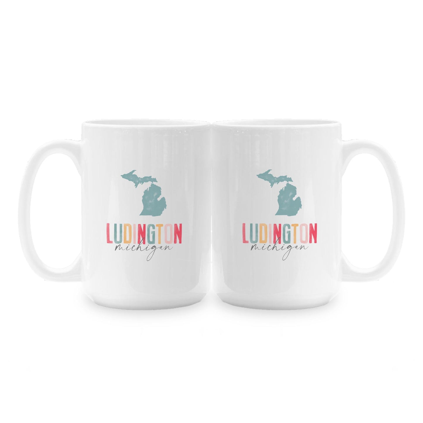 15oz Coffee Mug White-Watercolor City Ludington Michigan -1