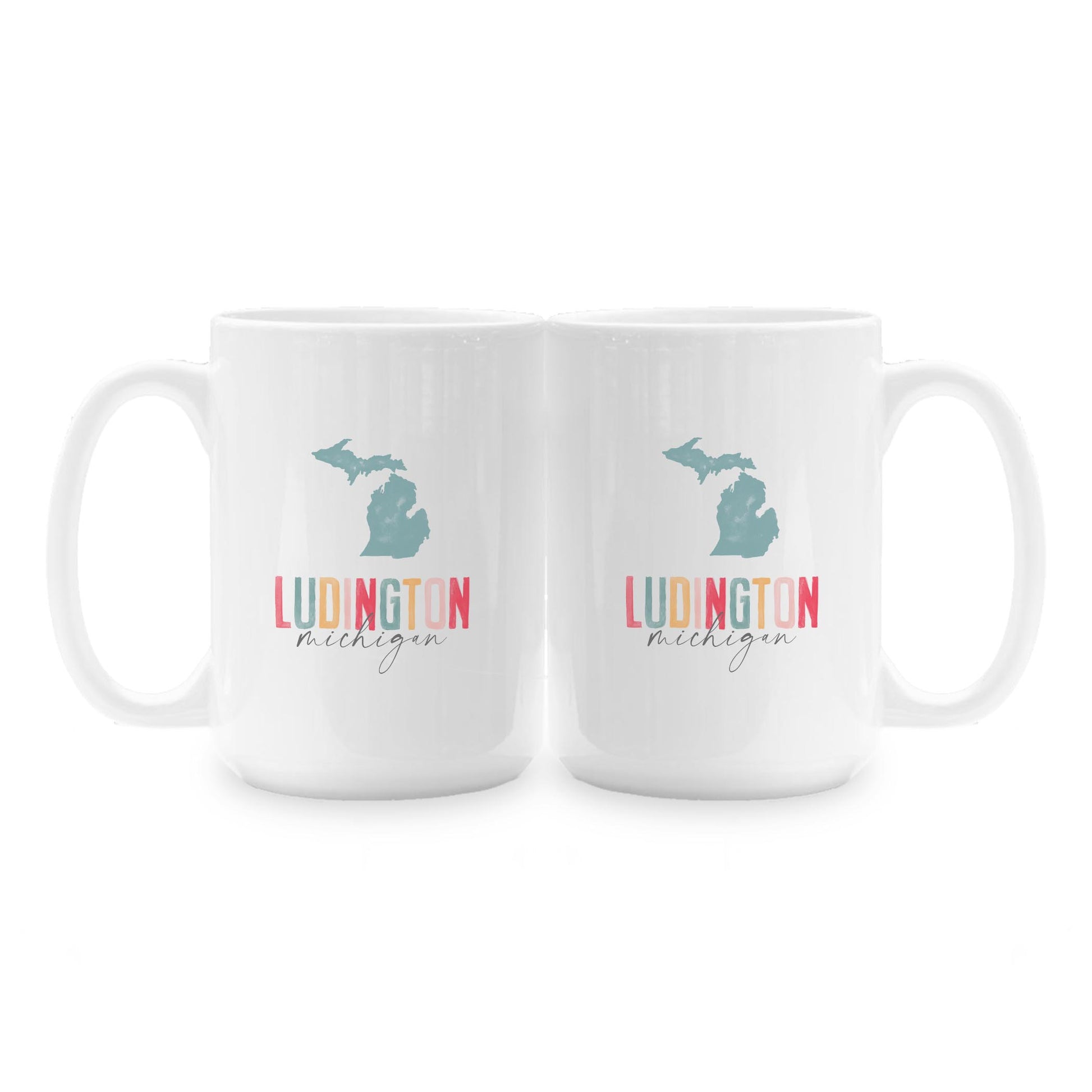 15oz Coffee Mug White-Watercolor City Ludington Michigan -1