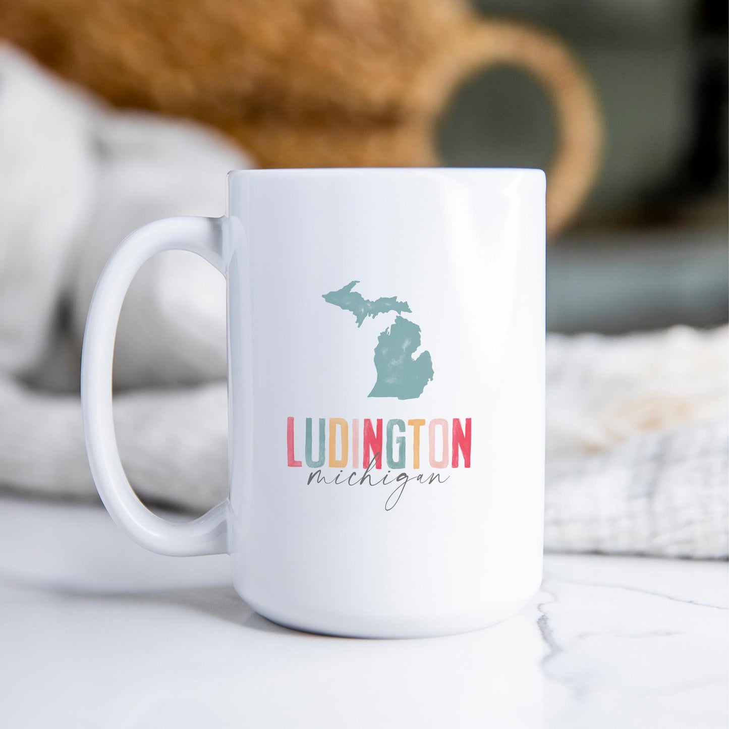 15oz Coffee Mug White-Watercolor City Ludington Michigan -2