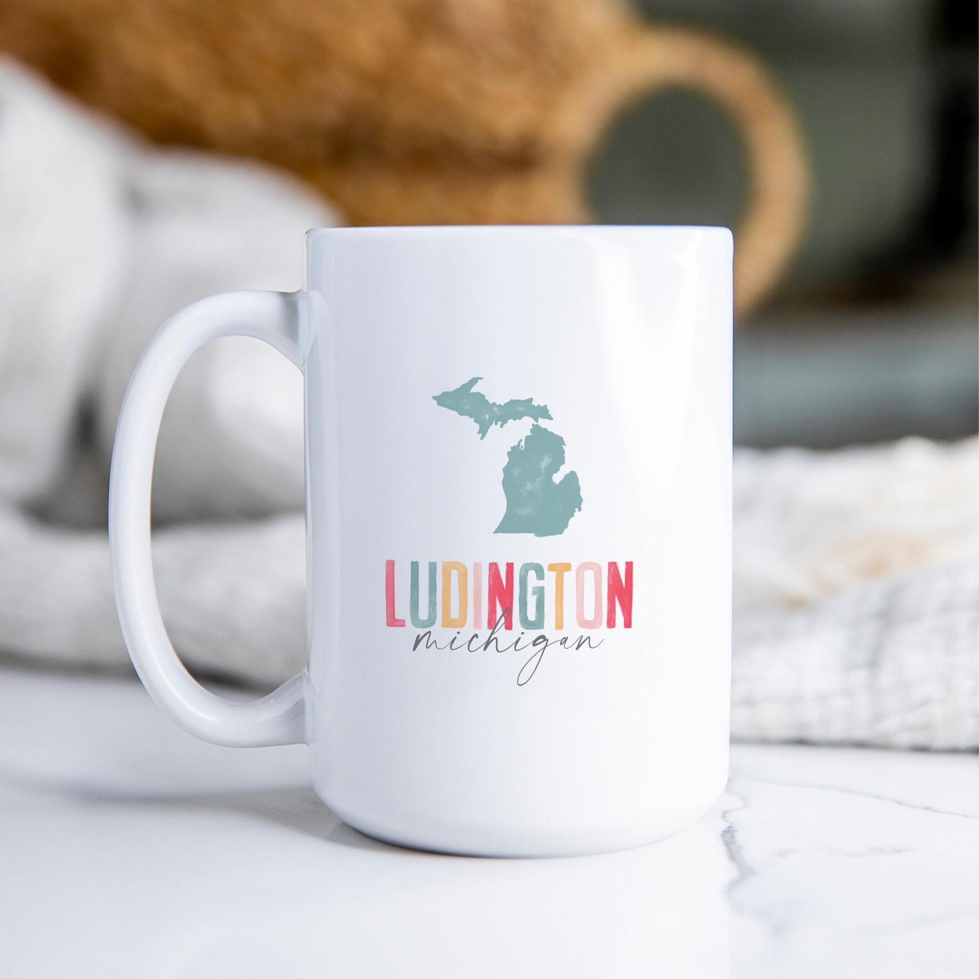 15oz Coffee Mug White-Watercolor City Ludington Michigan -2