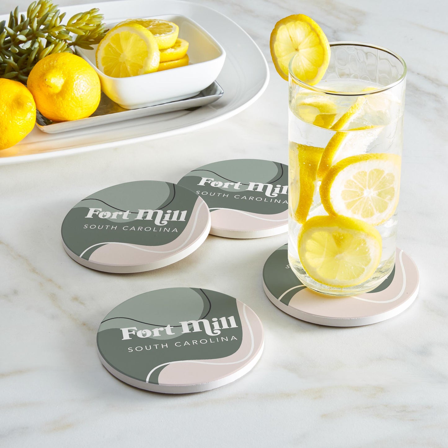 Ceramic Round Coaster 4-Set-Vintage Groove Fluid Green Fort Mill South Carolina