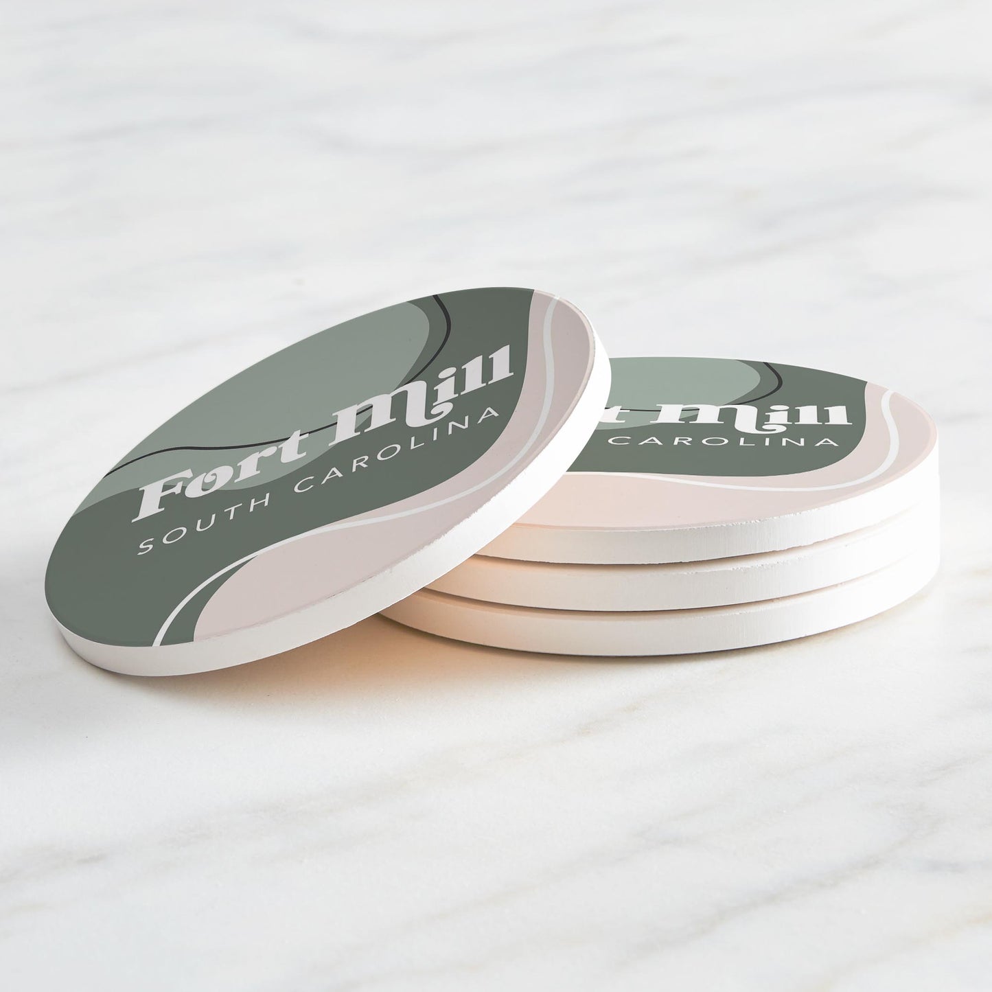 Ceramic Round Coaster 4-Set-Vintage Groove Fluid Green Fort Mill South Carolina