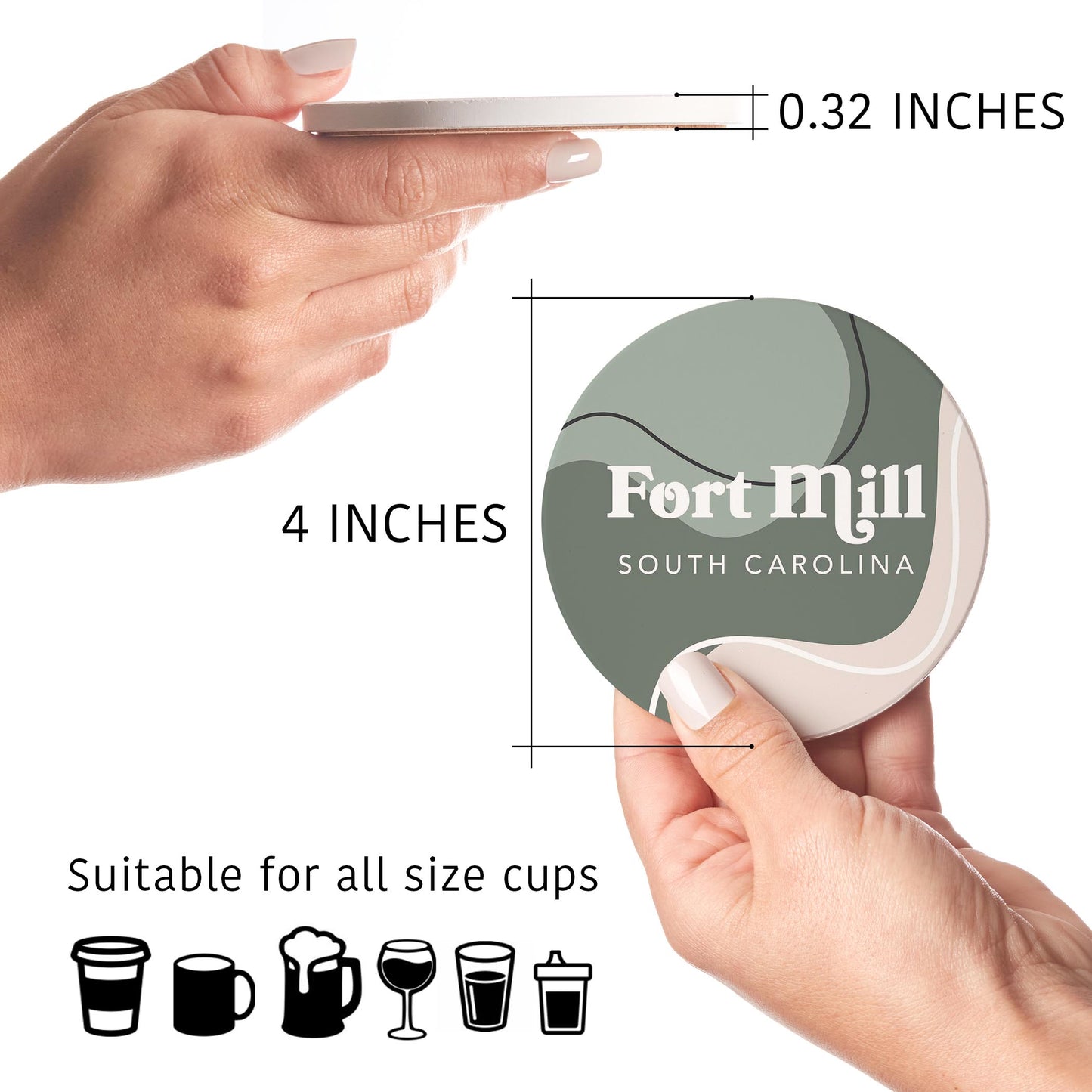 Ceramic Round Coaster 4-Set-Vintage Groove Fluid Green Fort Mill South Carolina