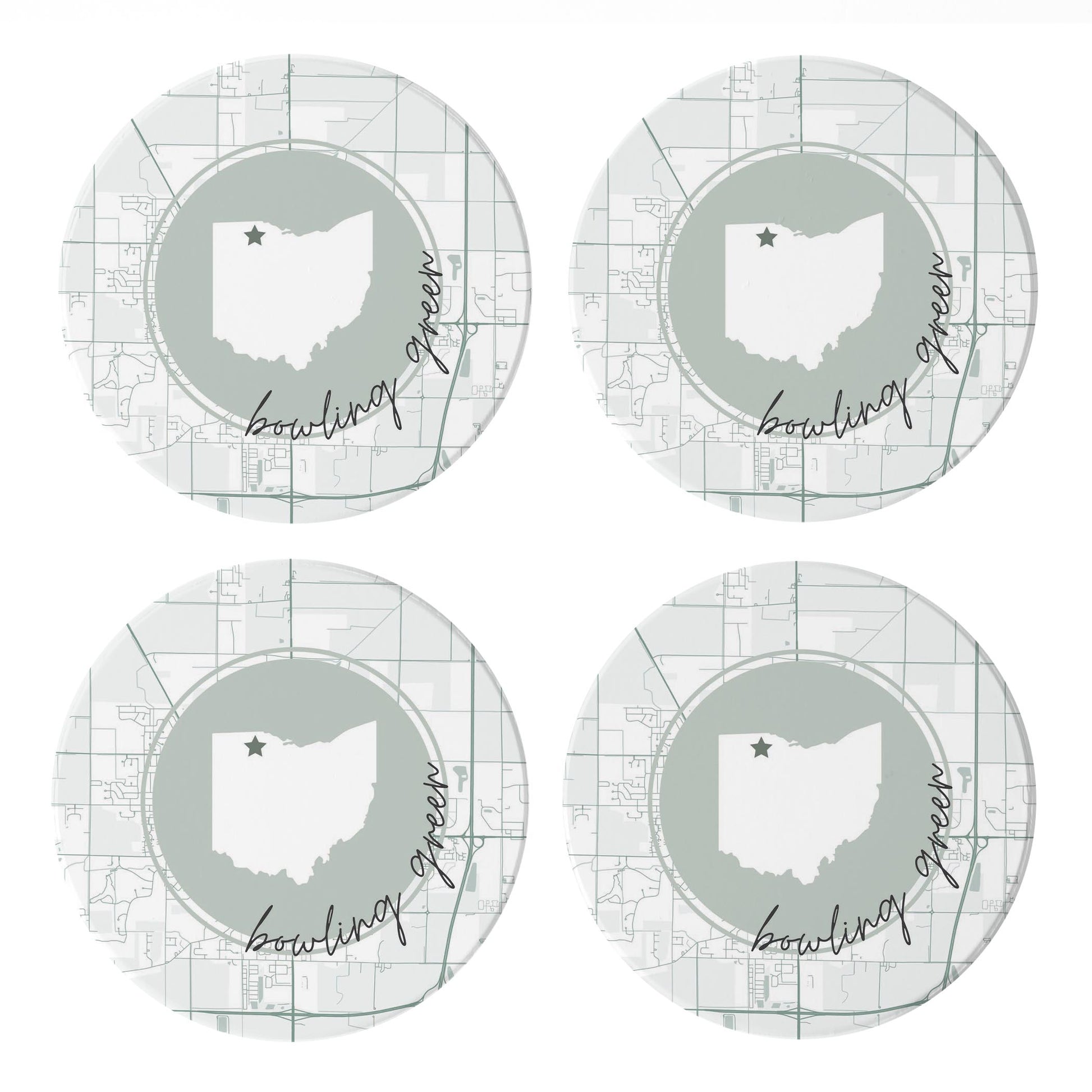 Ceramic Round Coaster 4-Set-Vintage Groove Green Map Bowling Green Ohio -0