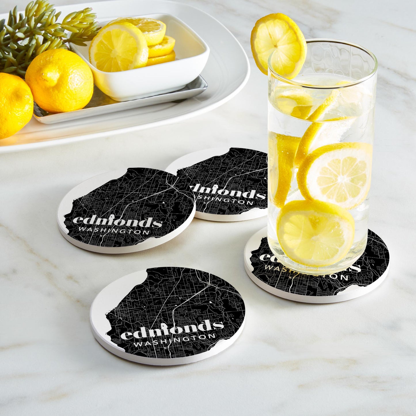 Ceramic Round Coaster 4-Set-Minimalistic Dark Map Edmonds Washington