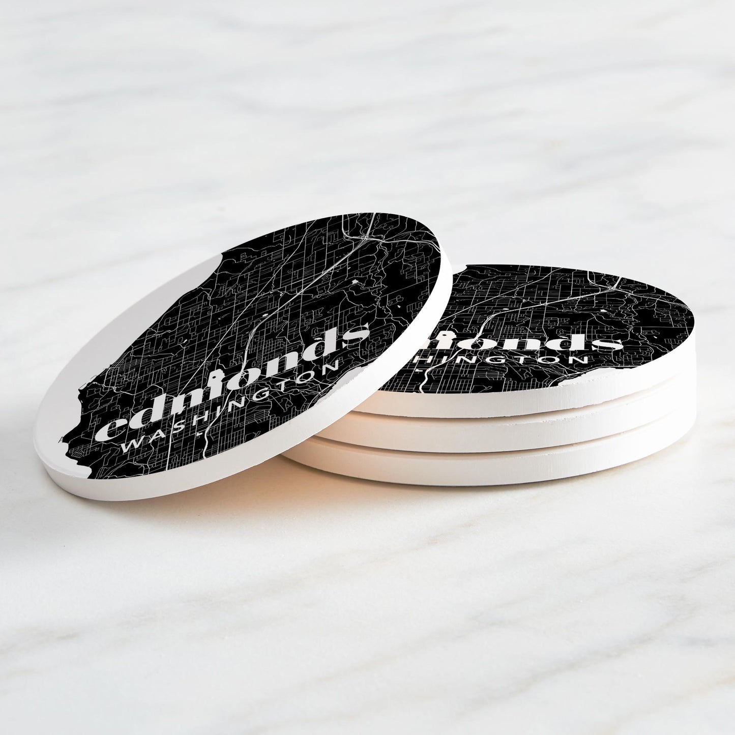 Ceramic Round Coaster 4-Set-Minimalistic Dark Map Edmonds Washington